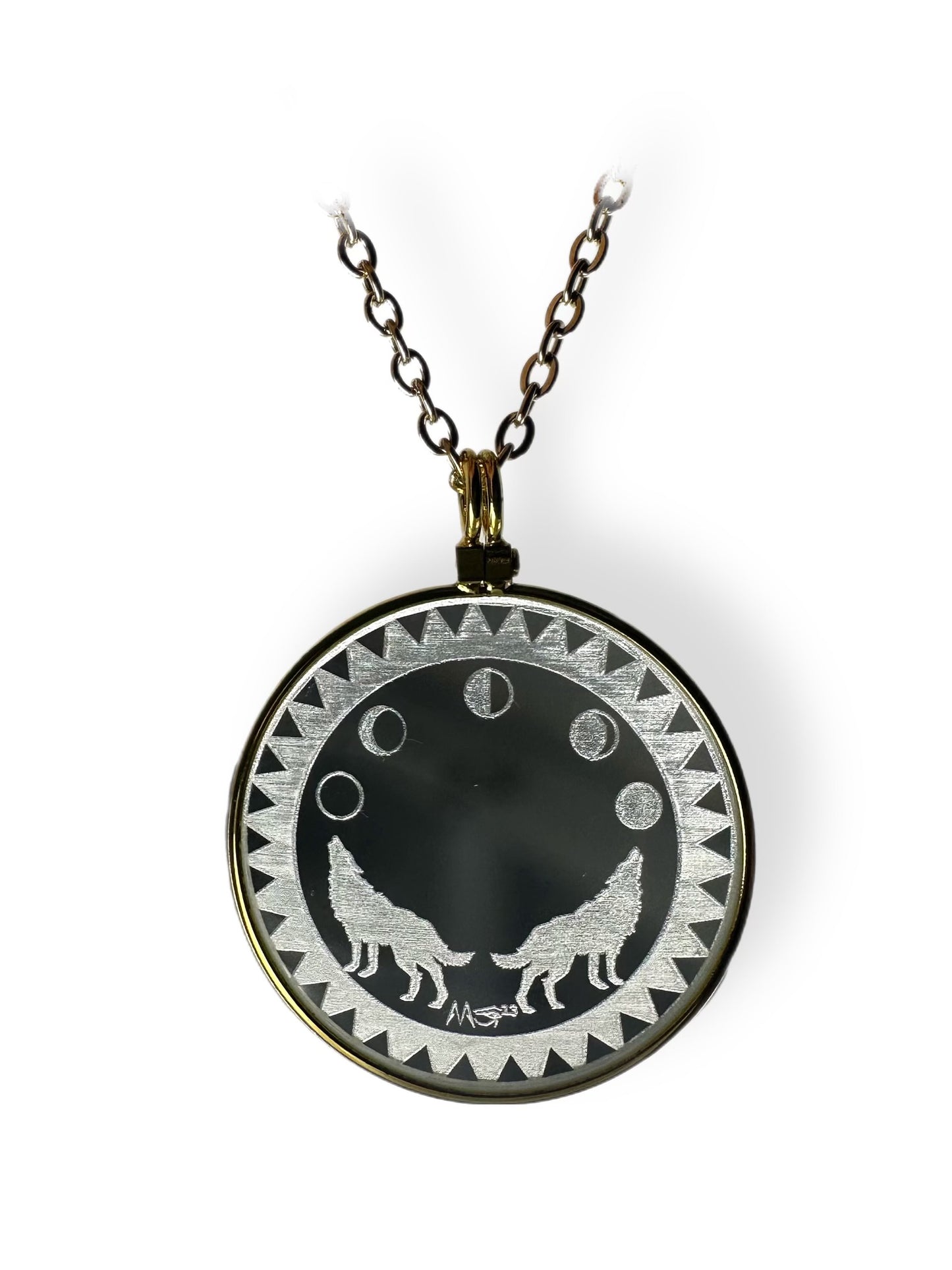 Wolves & Moon Necklace, Solar Lighter, Magnifying Glass Necklace, Sustainable Jewelry, Cannabis Accessory